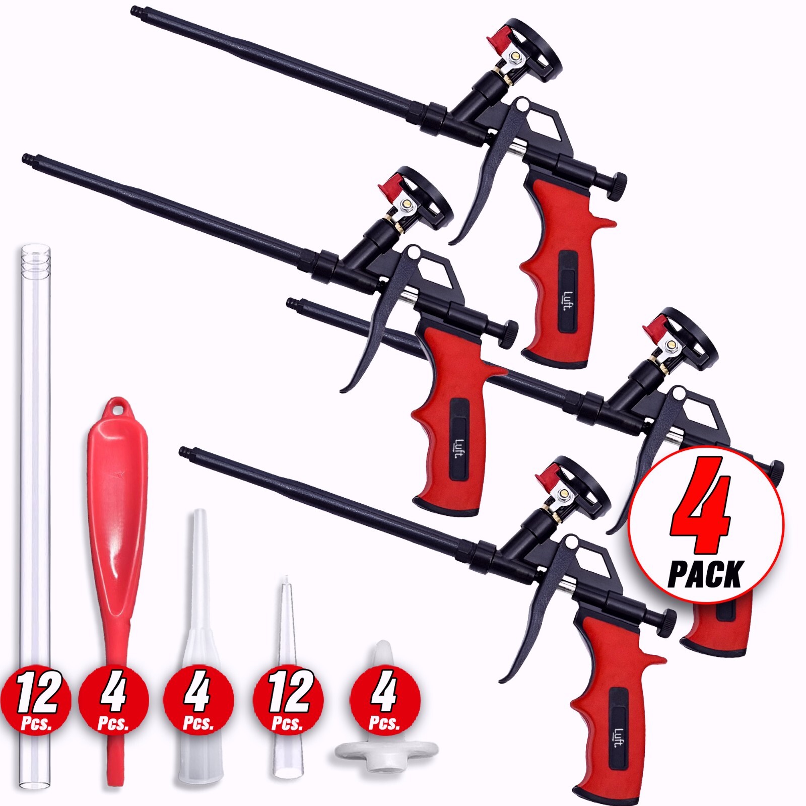 4 Pack Luft Professional Expanding Spray Foam Gun (4 Guns + 36 Tips and Tools)