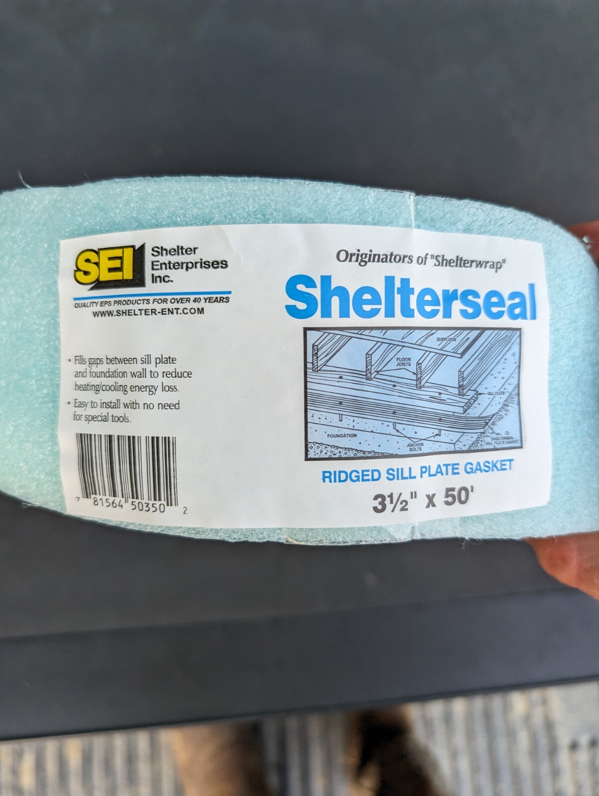 SEI Shelterseal 3 1/2″ x 50′ Ridged Sill Plate Gasket Blue