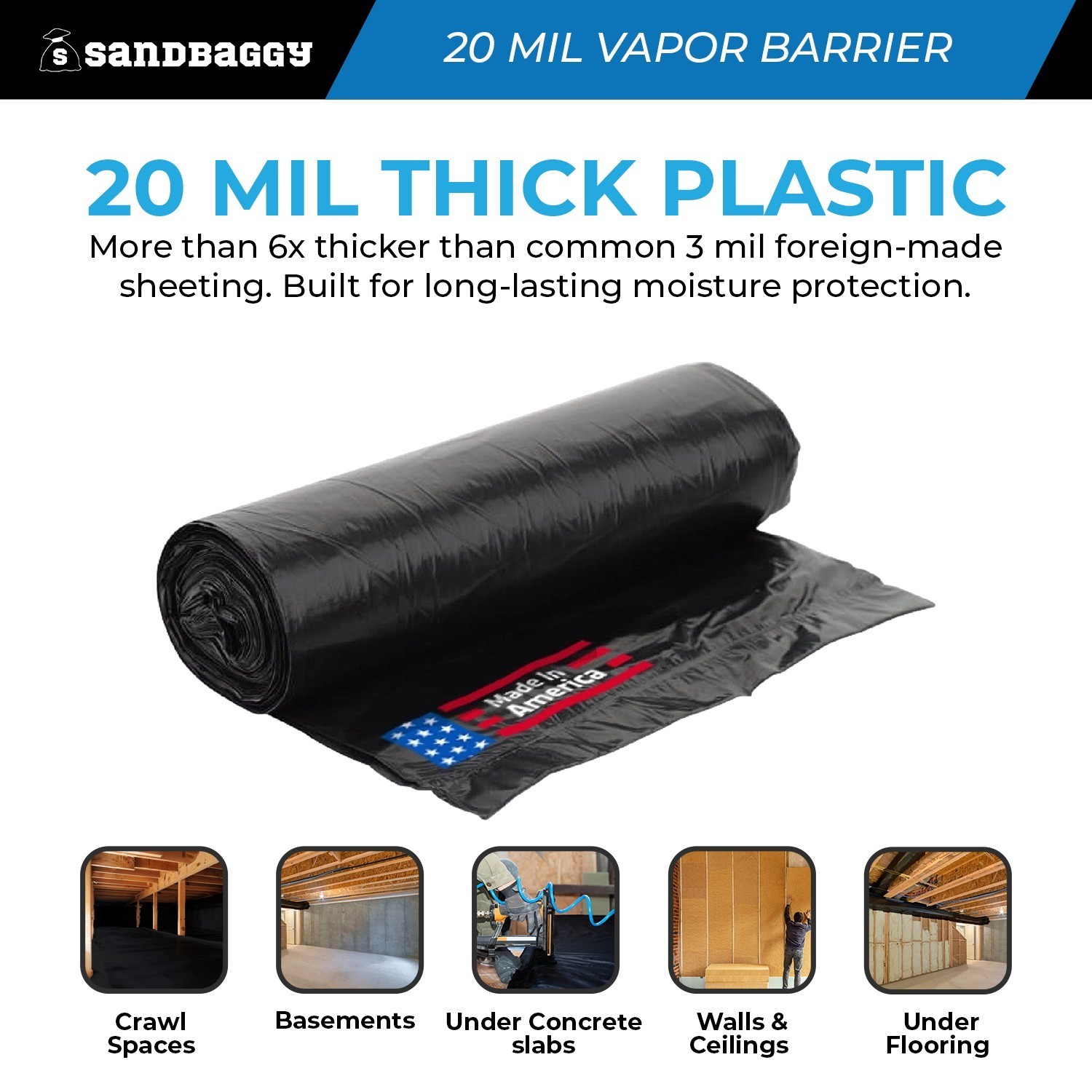 BULK 20 Mil Black Vapor Barrier – Polyethylene Visqueen (USA Made) – Sandbaggy