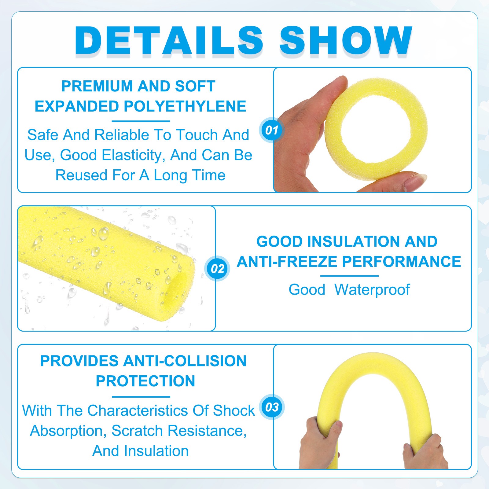 2Pcs 2″(50mm)IDx3.3FTx2.76″ Pipe Insulation Foam Tube Pool Noodles Yellow