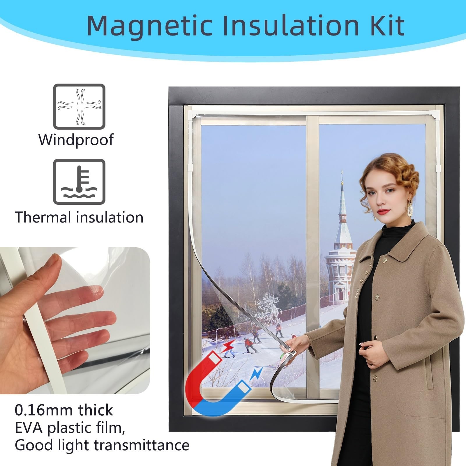 DIY Magnetic Window Insulation Kit 59″x61″, Transparent film white frame