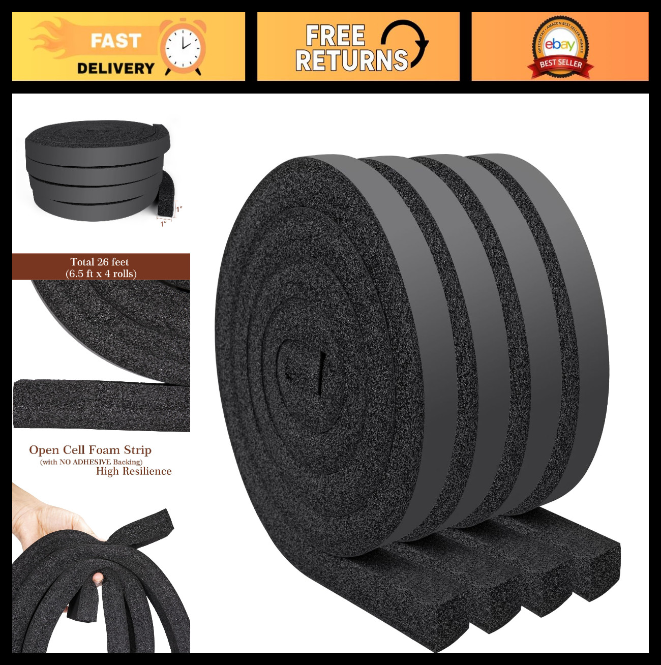 Open Cell Foam Air Conditioner Insulation Seal Strip – 4 Pcs, 26 Ft Weatherproof