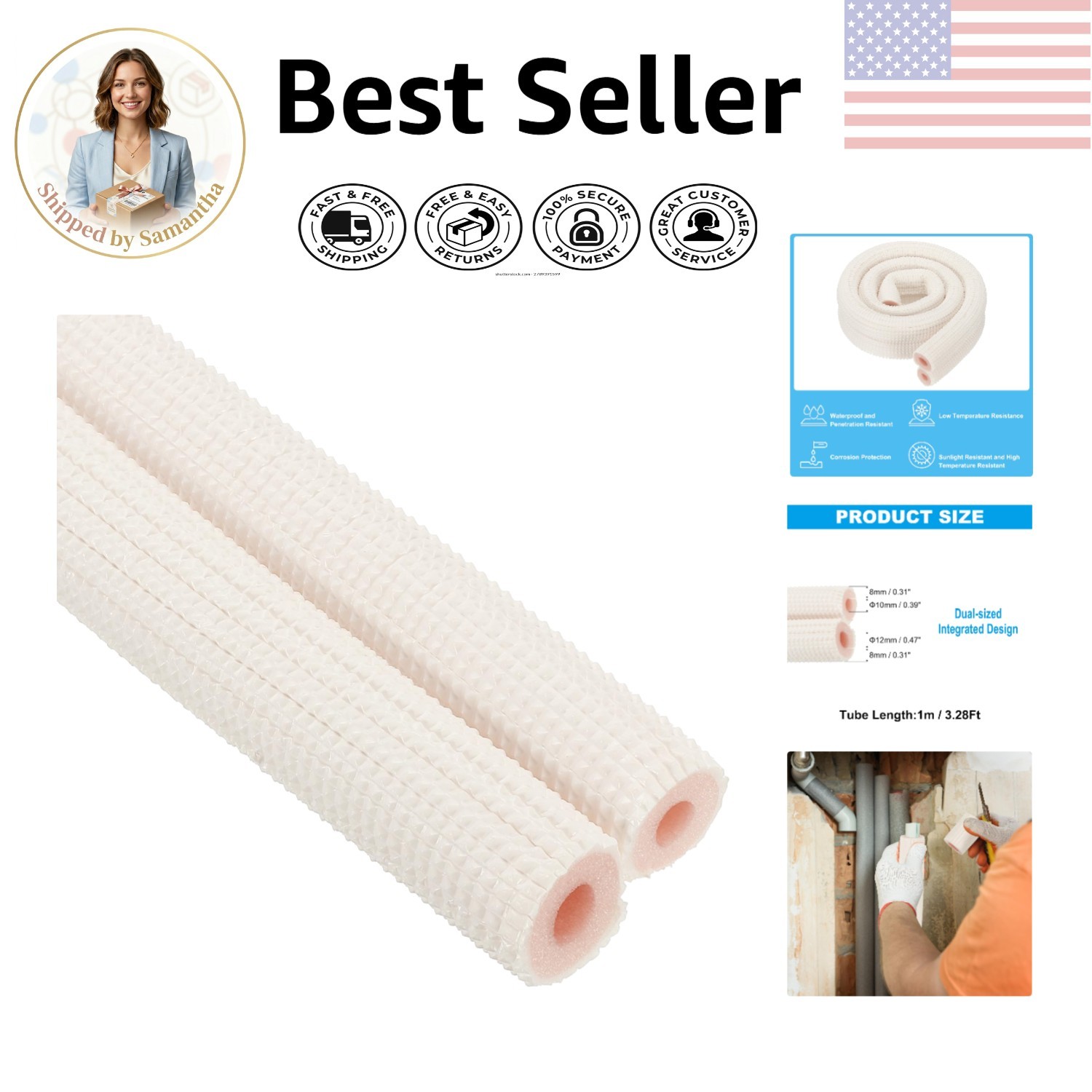 Durable Heat Preservation Foam Tube for 1/4″ & 3/8″ Copper Lines, 3.28Ft