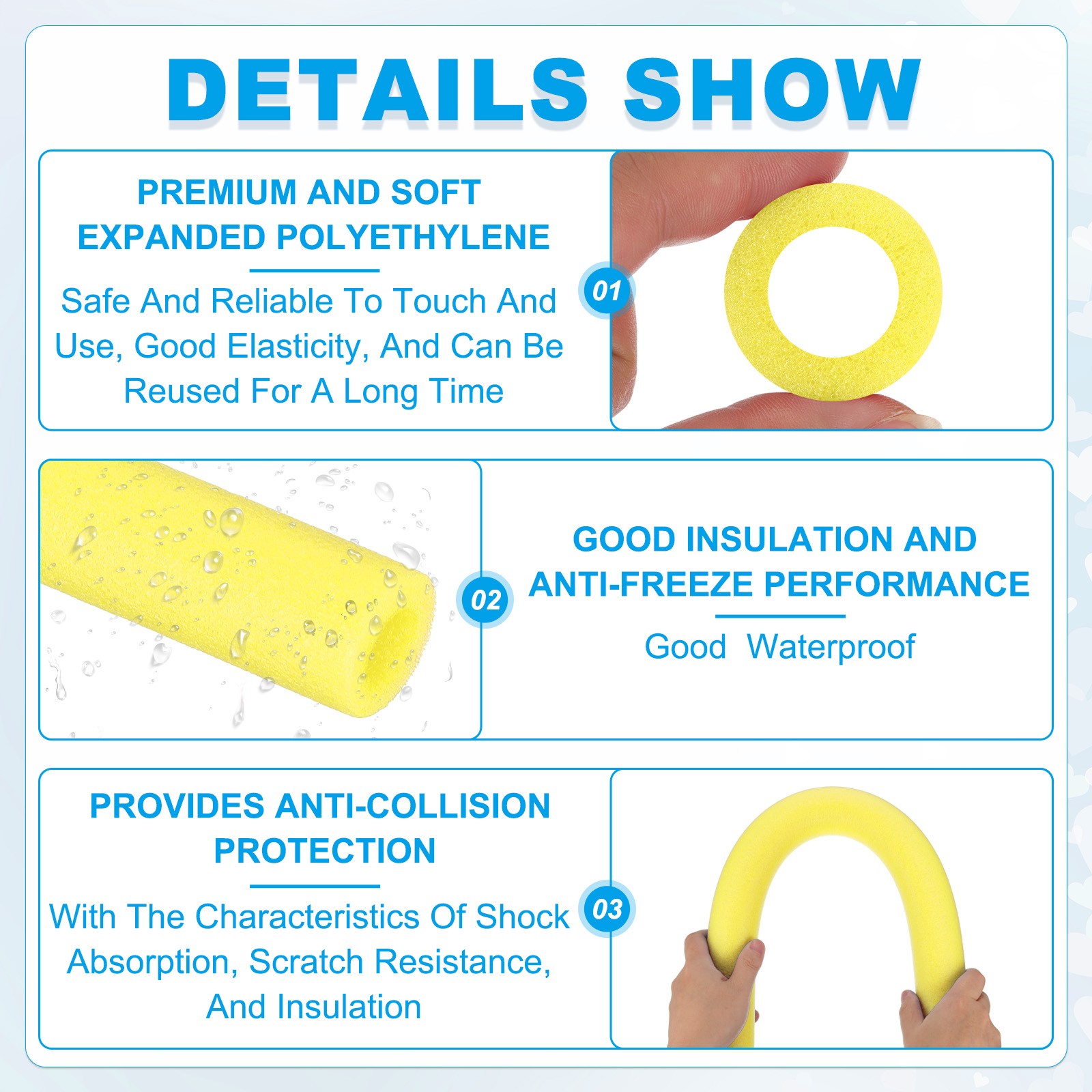 2Pcs 1-1/4″(32mm)IDx3.3FTx2.05″ Pipe Insulation Foam Tube Pool Noodles Yellow
