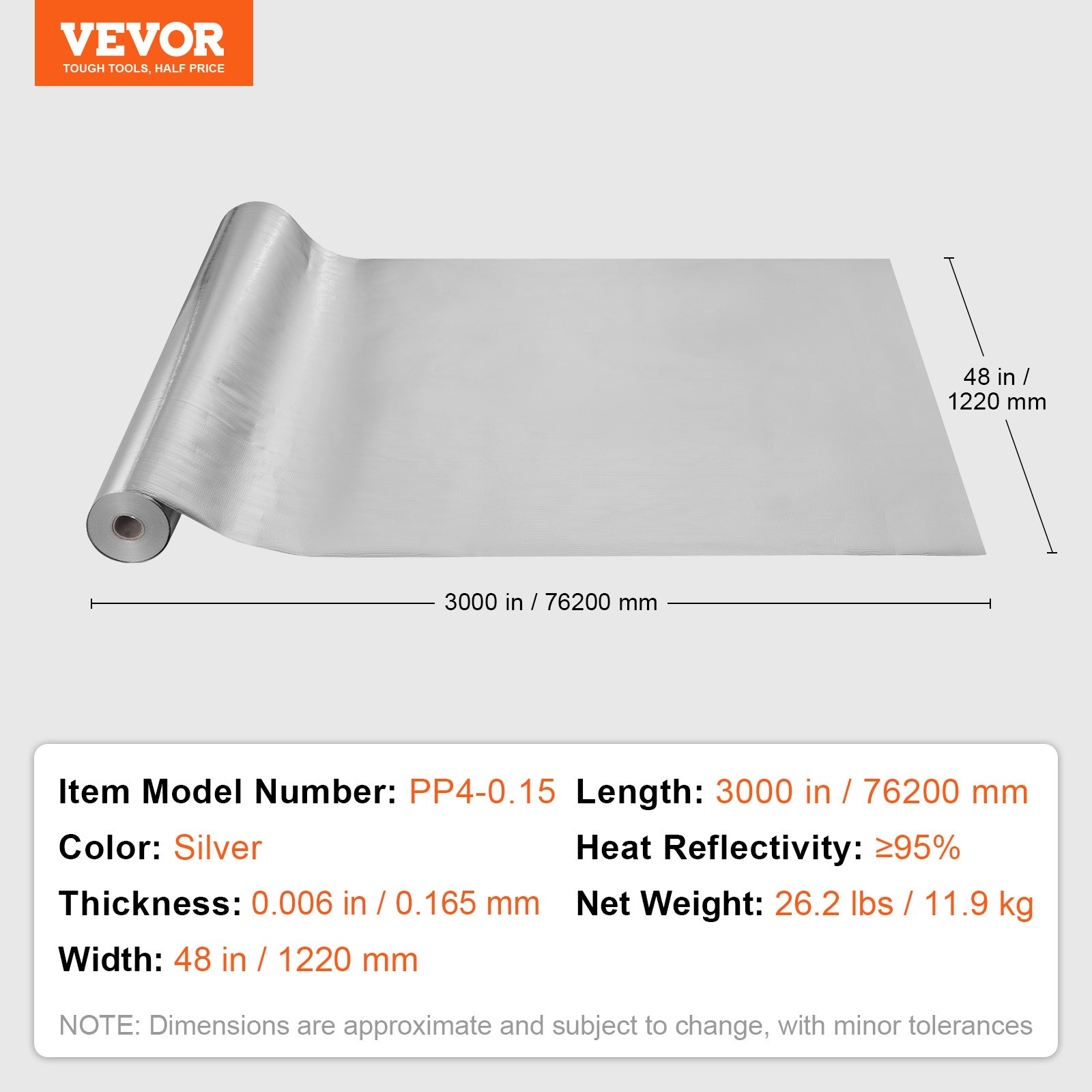 VEVOR Double Reflective Insulation Roll Woven Fabric Radiant Barrier 48″x250ft