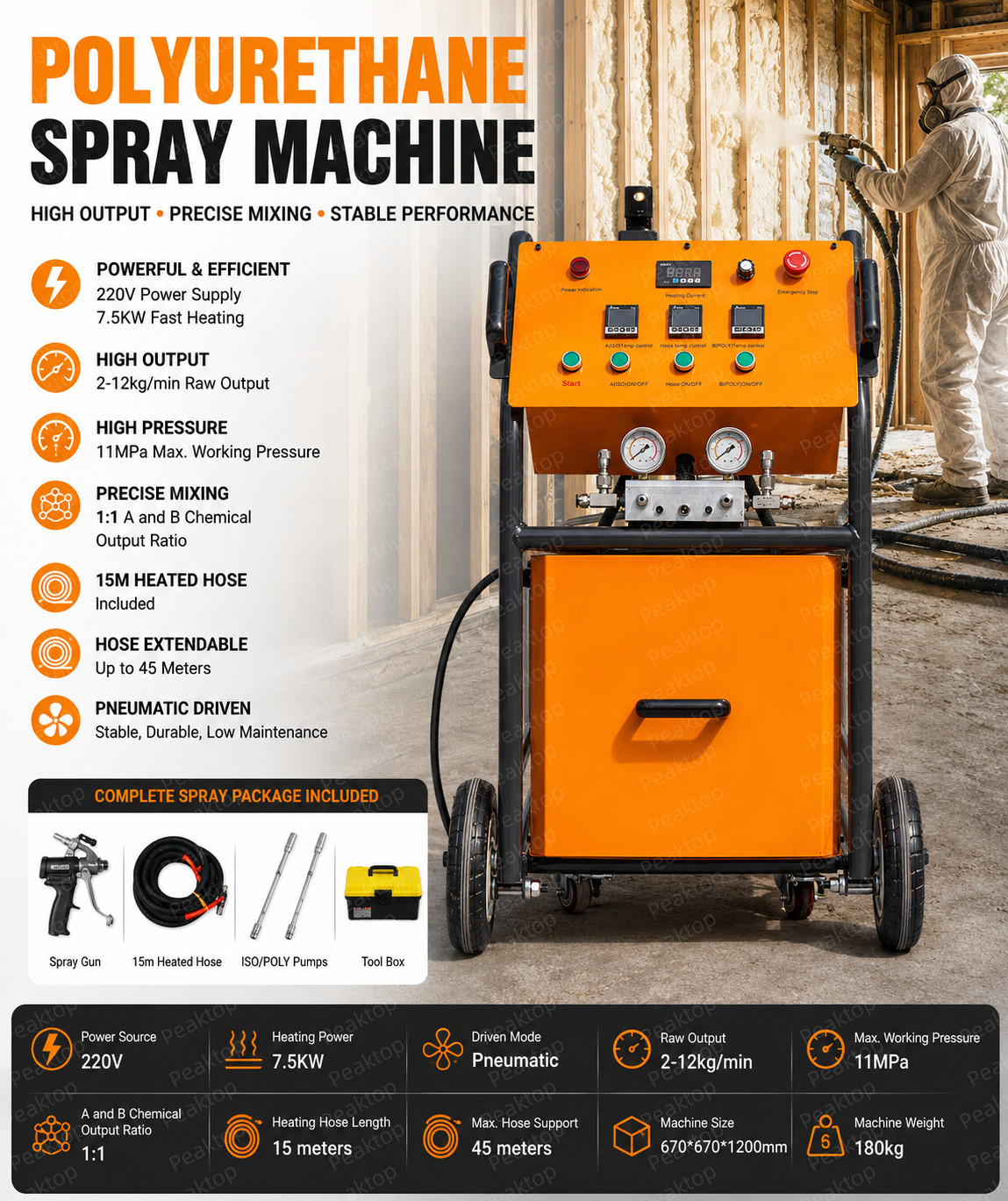 Polyurethane Spray Foam Machine 220V 7.5KW Pneumatic Sprayer with 15m hose
