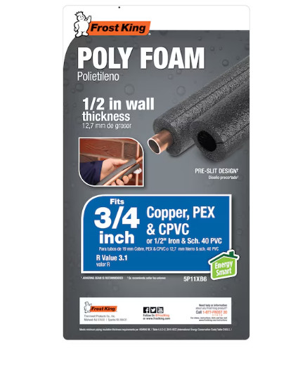 Frost King 1/2 in. x 6 ft Foam Tubular Pipe Insulation for 3/4 in. Pipes – Energ