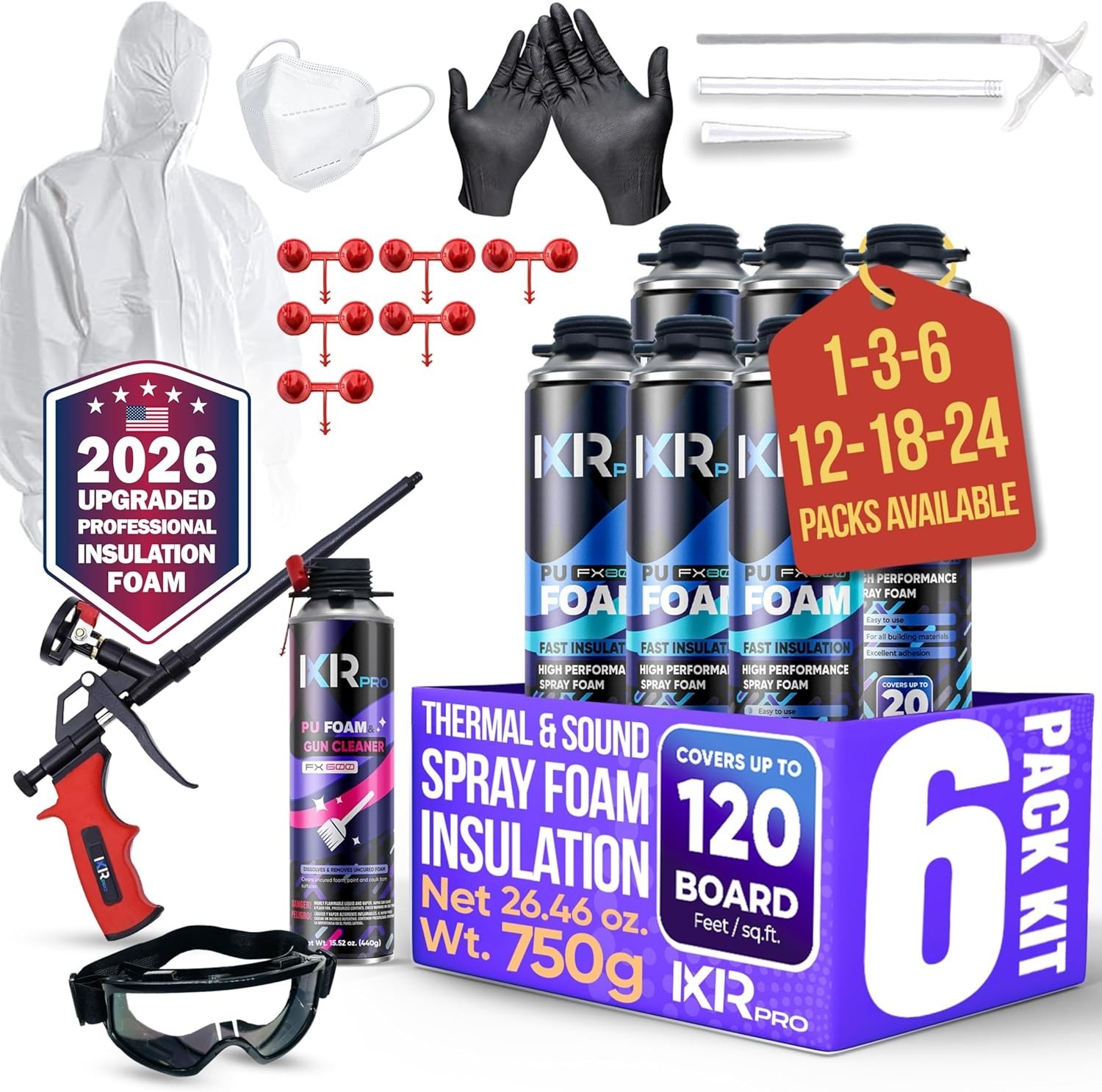 Spray Foam Insulation Set – 6 Cans, Nozzles, Gun Cleaner & Protective Equipment