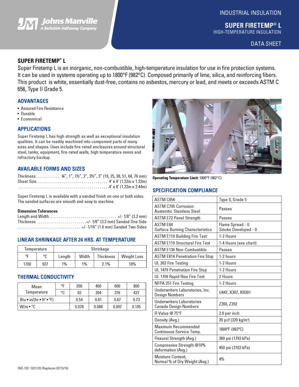 Super FireTemp L Calcium Silicate Board: 1″ Thick 48″ x 96″