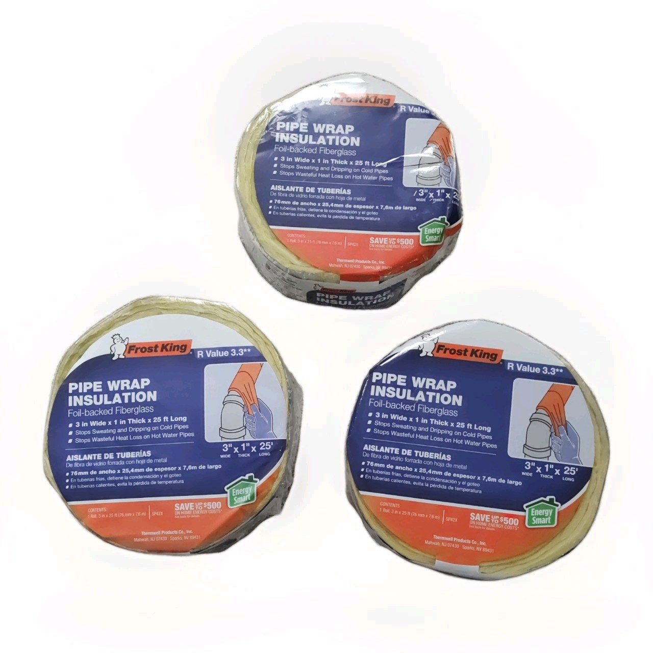 LOT of 3 Frost King Pipe Wrap Insulation Fiberglass Roll 3″ x 1″ x 25′