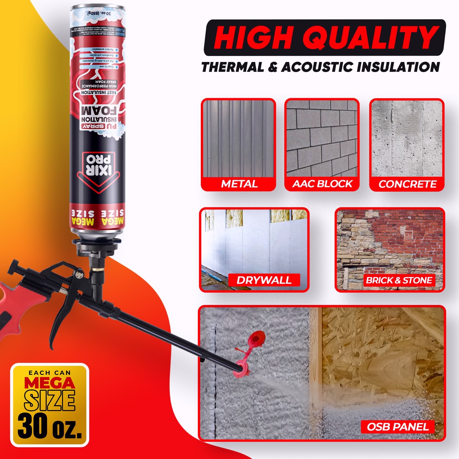 Mega Size Spray Foam Insulation Can (6 x30 oz. / 850 g) Expanding Sealant