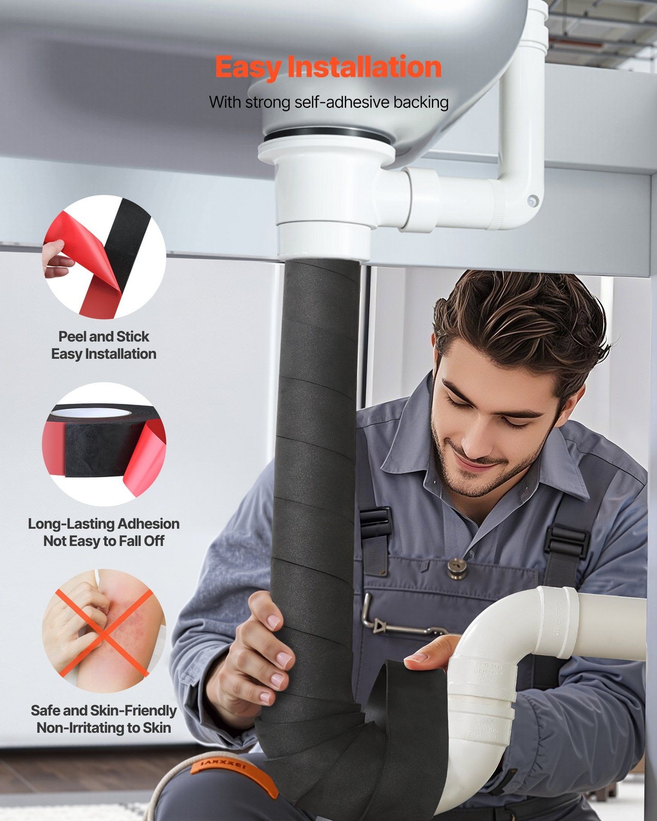 14ftx2in UV & Moisture Resistant Self-Stick Pipe Insulation, 0.17in EVE
