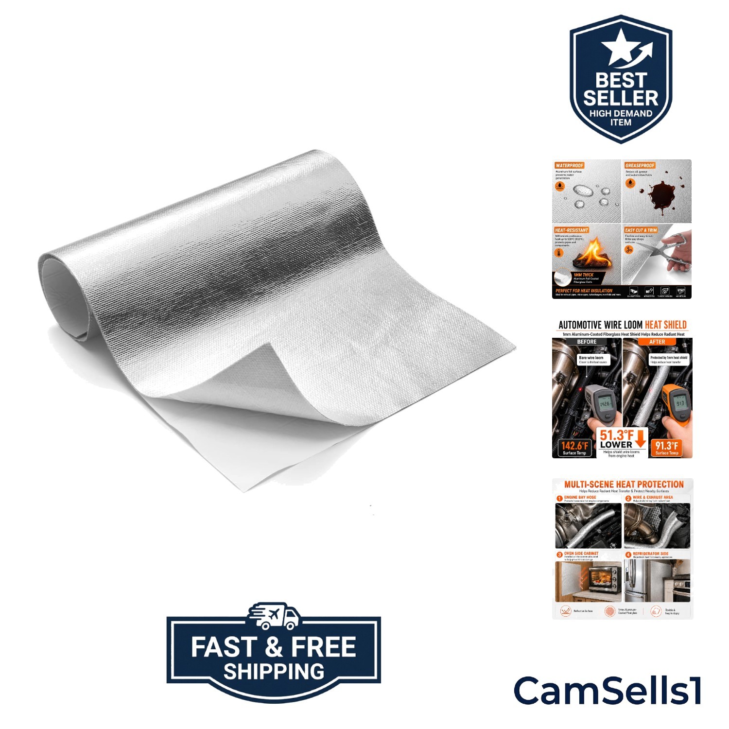 Aluminized Heat Shield Thermal Barrier Adhesive Backed Heat Blanket 12” X 12”