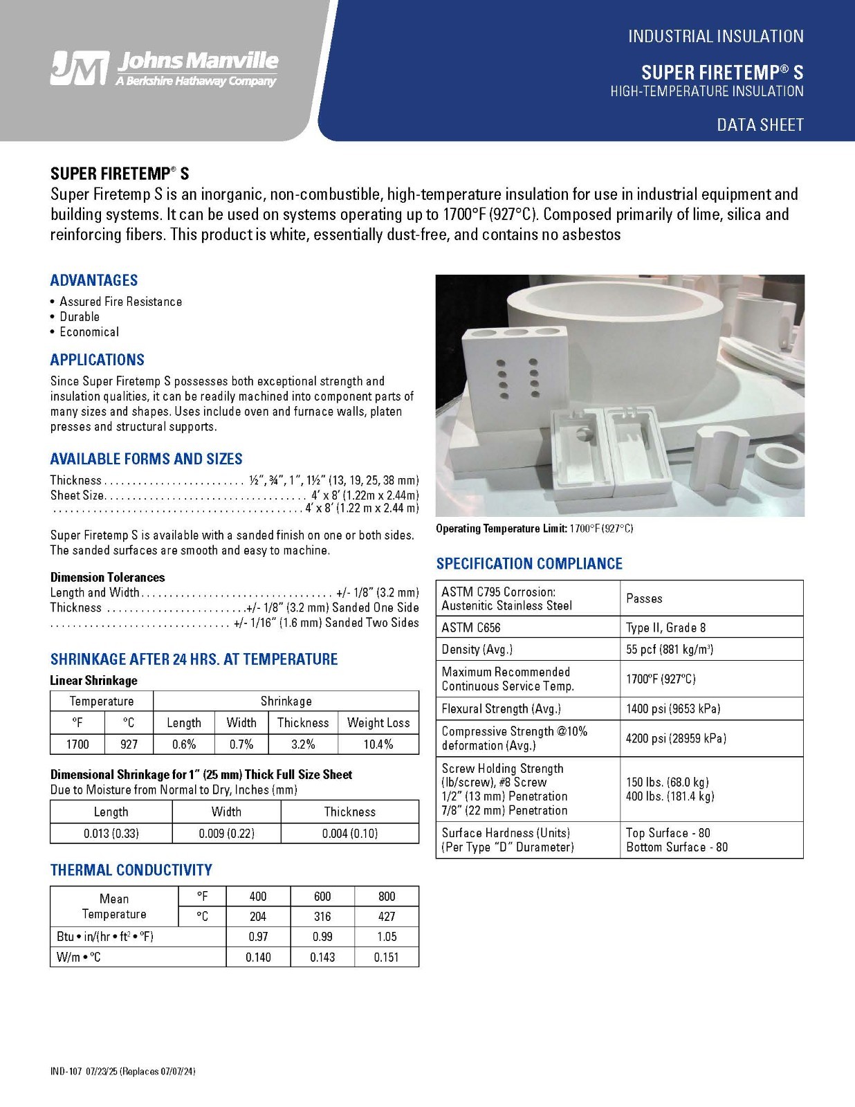 Super FireTemp S Calcium Silicate Board: 1″ Thick 48″ x 96″