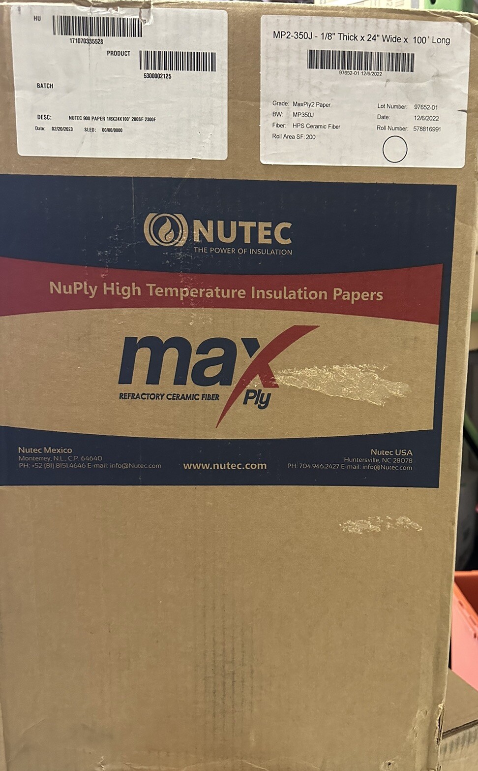 Nutec Maxply2 High Temperature Insulation Papers 1/8″ Thick x 24″ x 100’ Roll