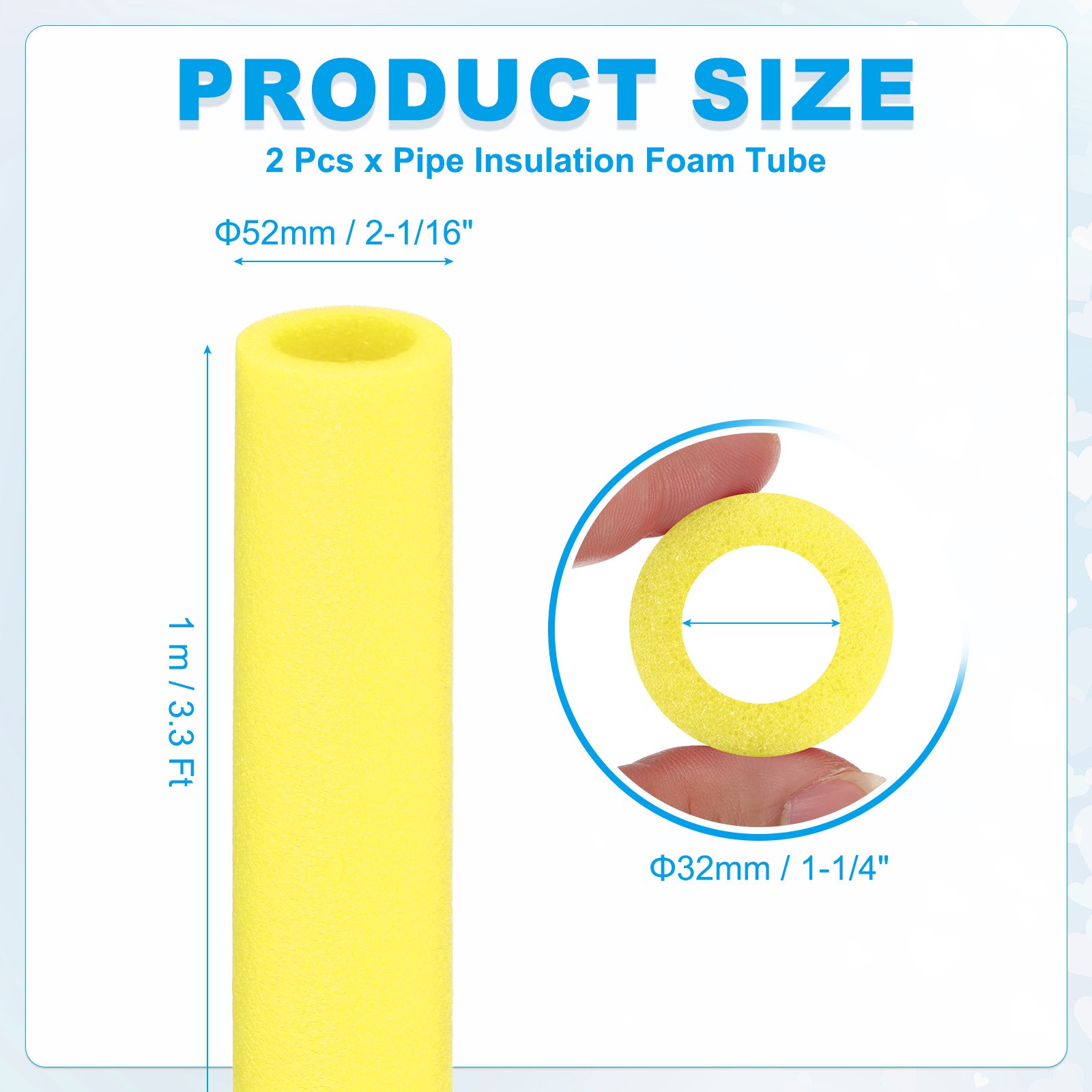 2Pcs 1-1/4″(32mm)IDx3.3FTx2.05″ Pipe Insulation Foam Tube Pool Noodles Yellow
