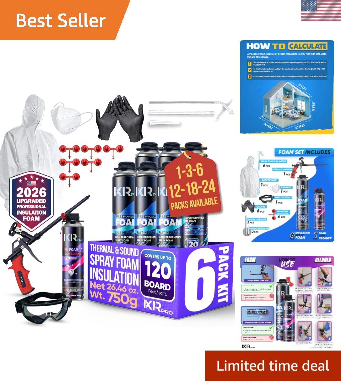 Spray Foam Insulation Set – 6 Cans, Nozzles, Gun Cleaner & Protective Equipment