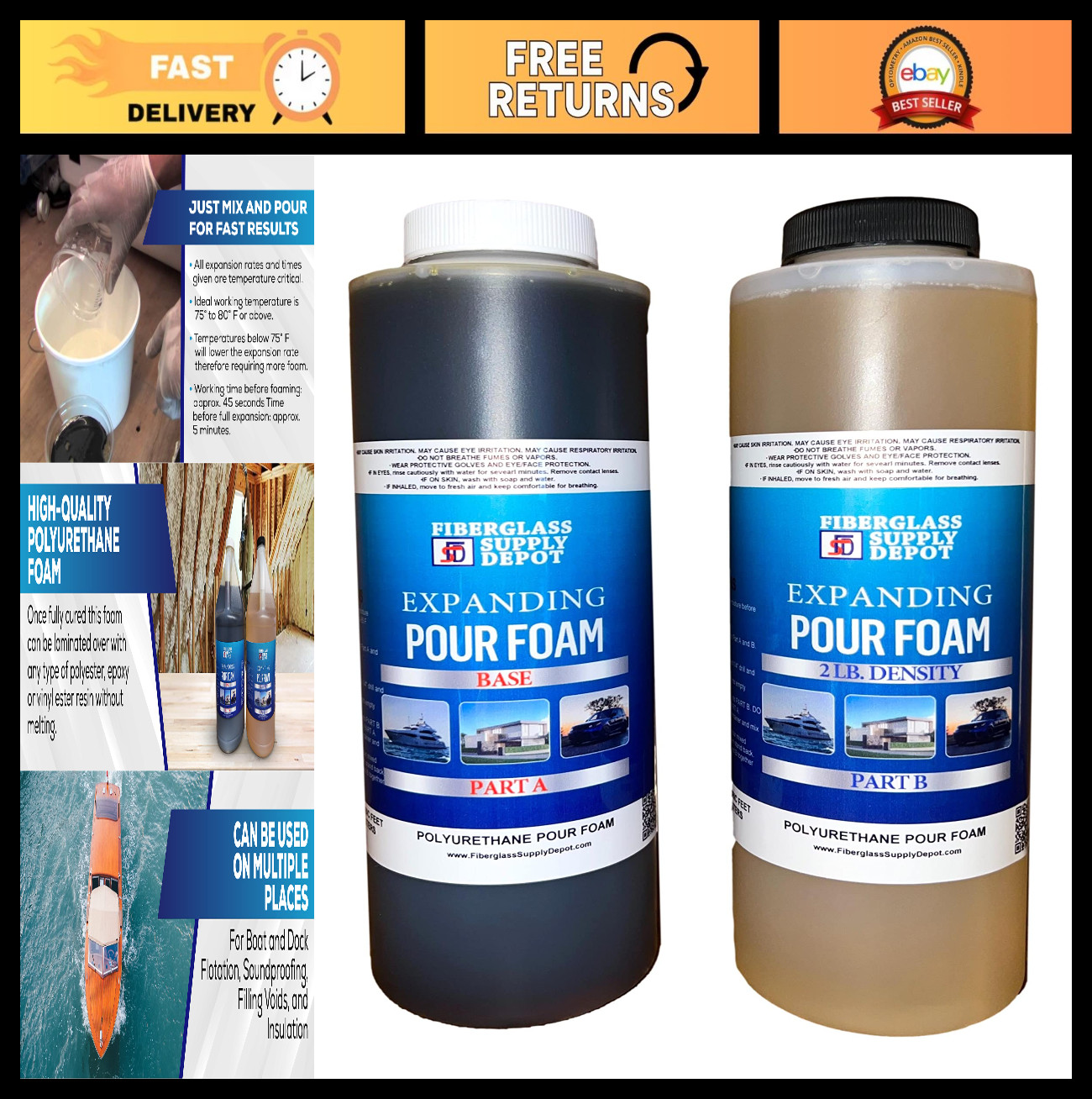 2 Lb Density Expanding Pour Foam – 2 Part Polyurethane for Flotation, Insulation