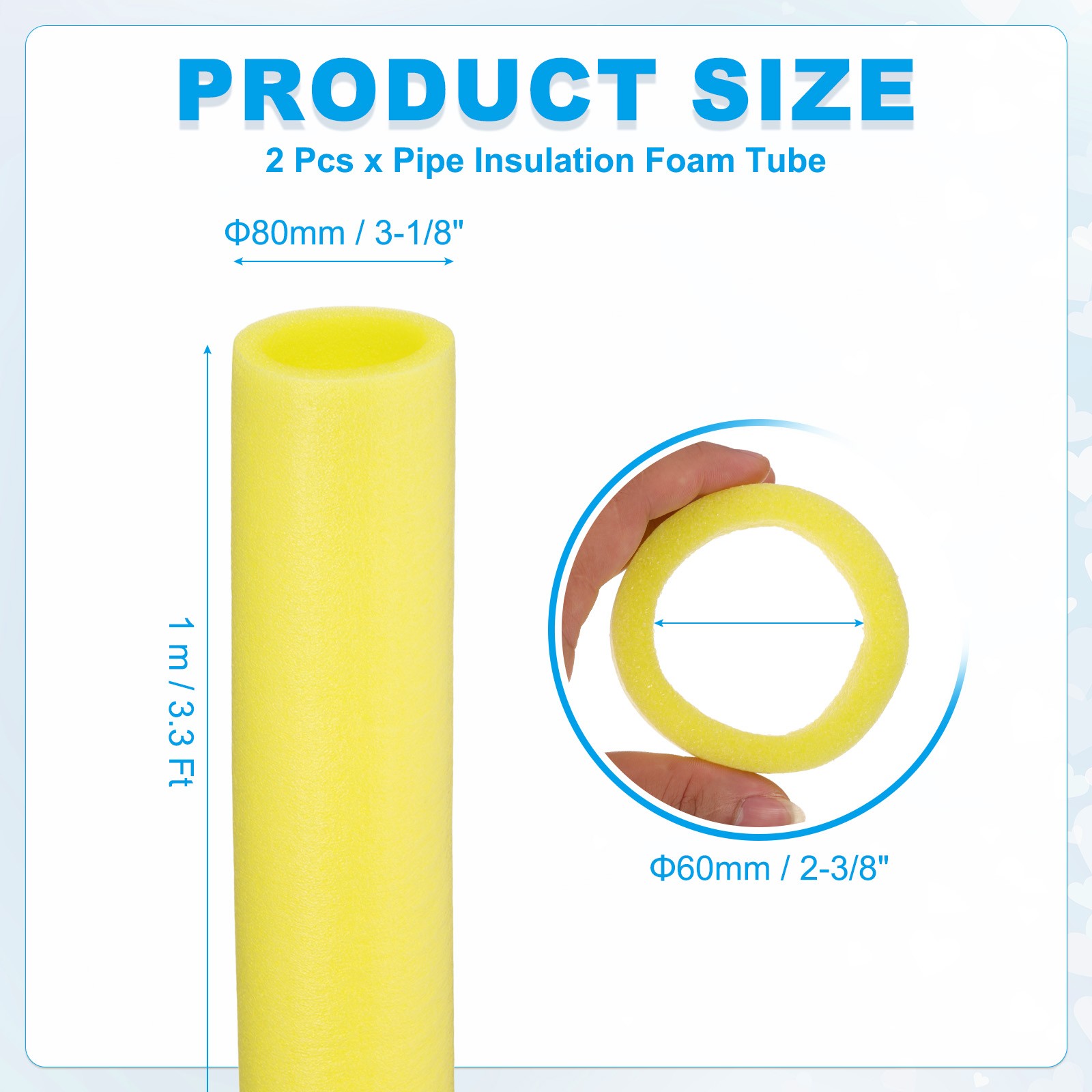 2Pcs 2-3/8″(60mm)IDx3.3FTx3.15″ Pipe Insulation Foam Tube Pool Noodles Yellow