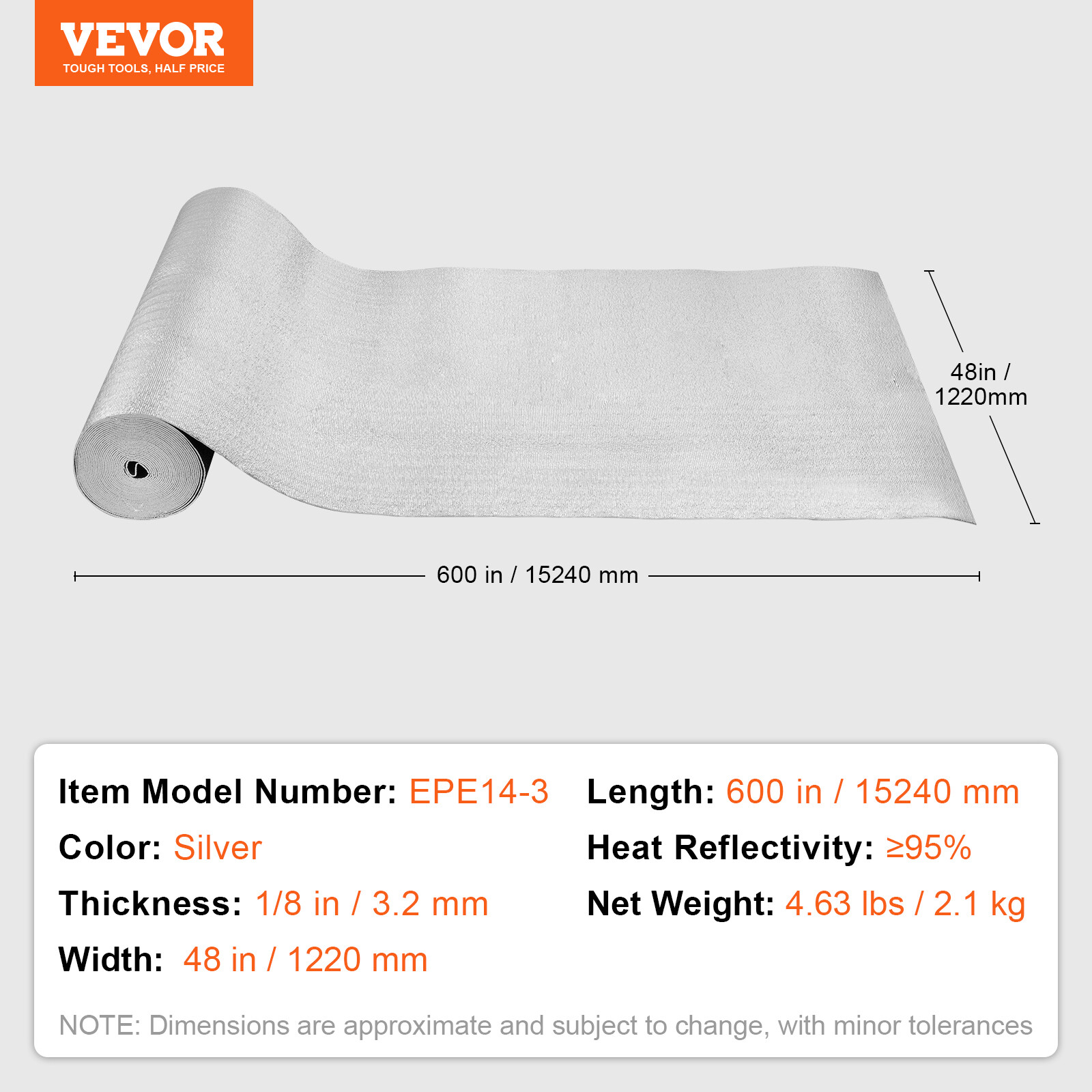 VEVOR Double Reflective Insulation Roll Foam Radiant Barrier 48 in x 50 ft 3.2mm