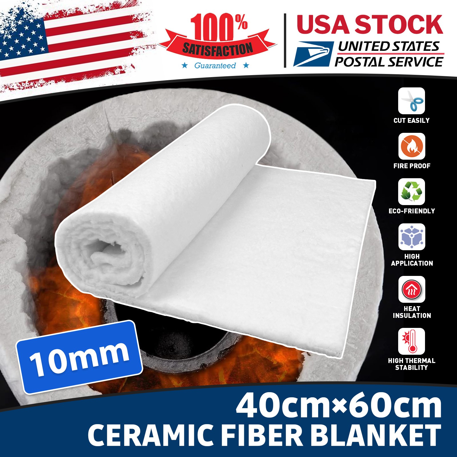 2500°F Insulation Mat Ceramic Fiber 10mm Thick 40 x 60cm Lightweight Flexible