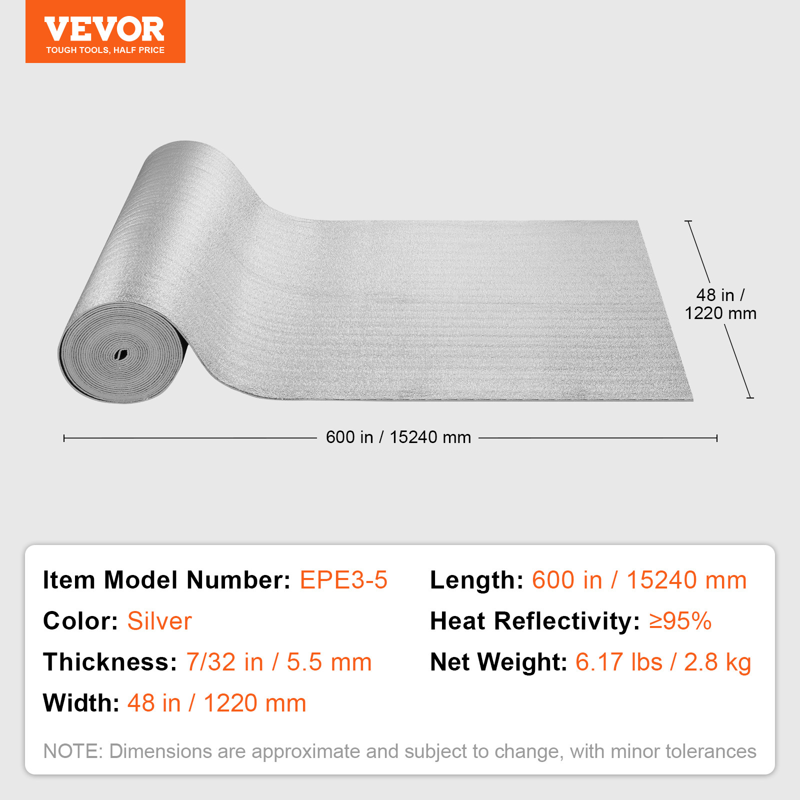 VEVOR Double Reflective Insulation Foam Core Radiant Barrier 48 in x 50 ft 5.5mm