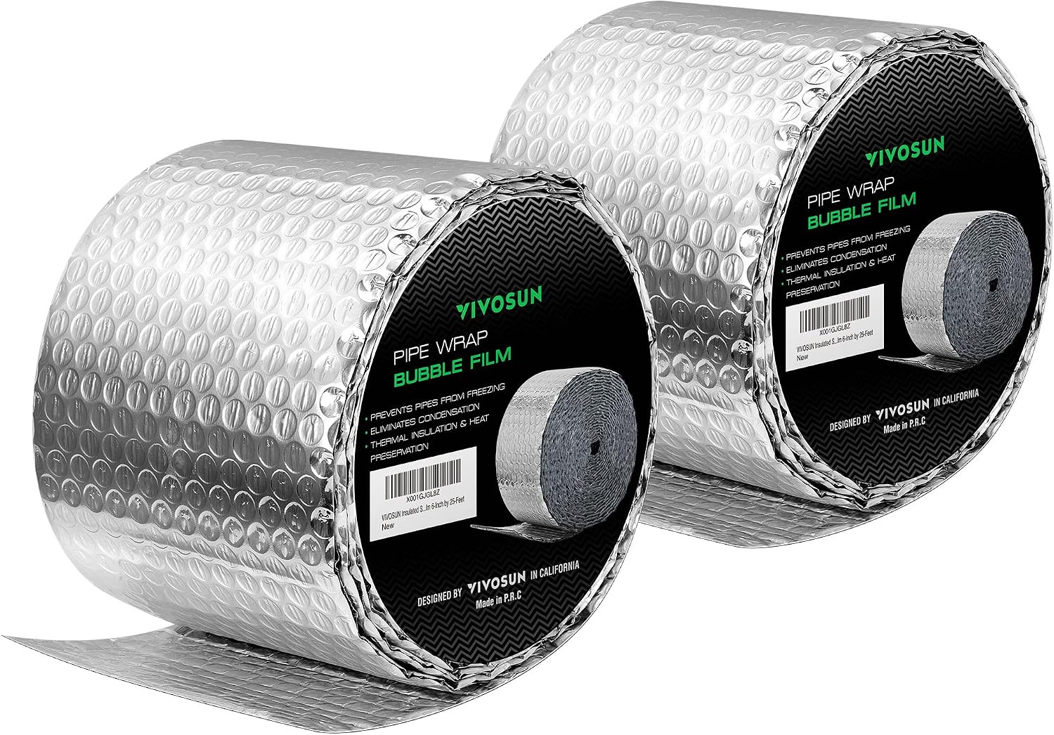 VIVOSUN 2-Pack Double Bubble Foil Insulation Roll, 6″ x 25 ft Reflective HVAC Pi