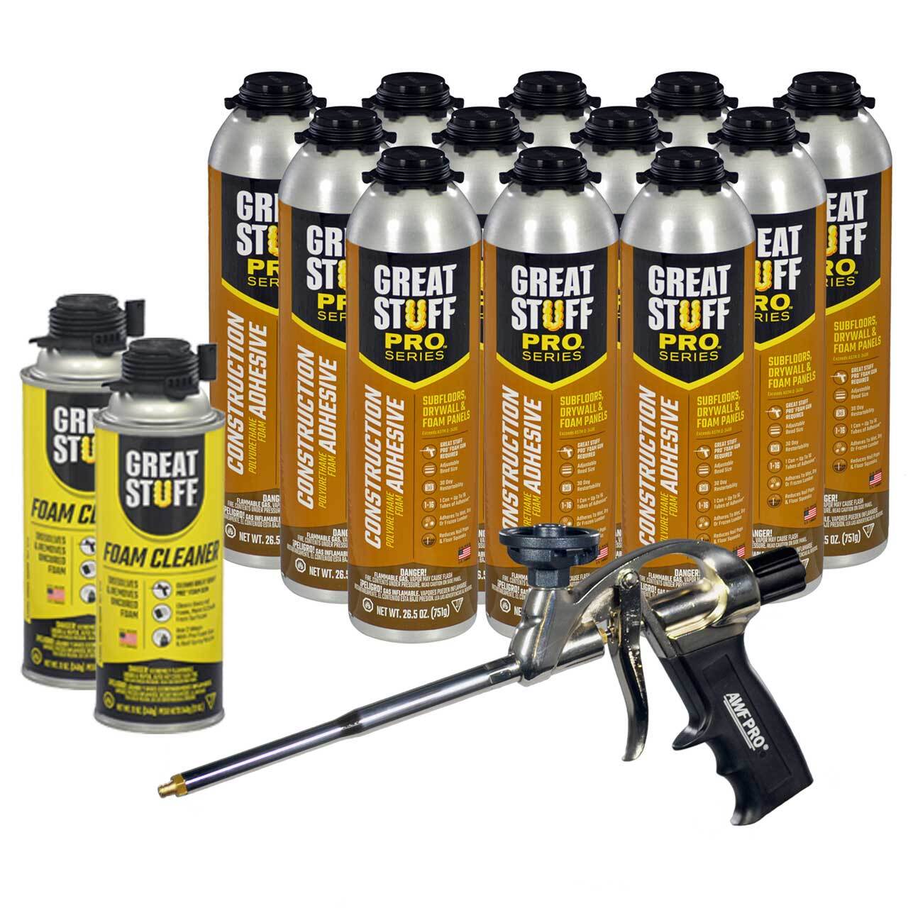 Great Stuff Pro 26.5oz Wall & Floor Adhesive, AWF 1000 Pro Foam Gun, 2 Cleaners