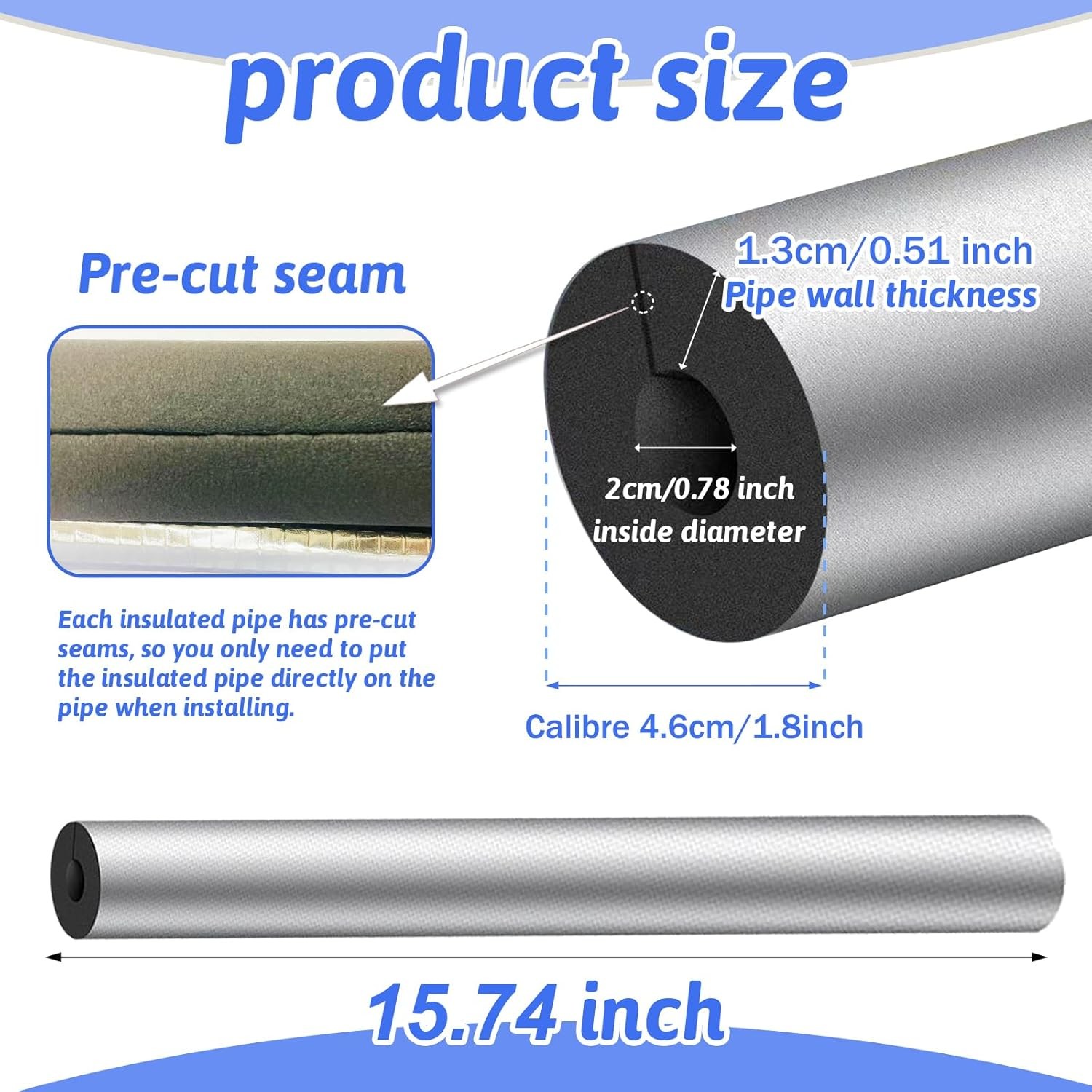 12 Pack Pipe Insulation Foam Tube, 3/4” Self Adhesive Pre Slit Foam Pipe Covers