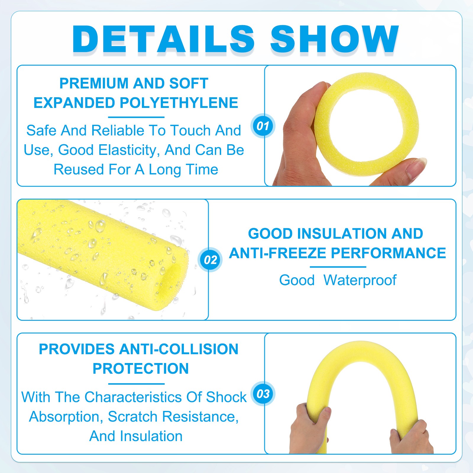 2Pcs 2-3/8″(60mm)IDx3.3FTx3.15″ Pipe Insulation Foam Tube Pool Noodles Yellow