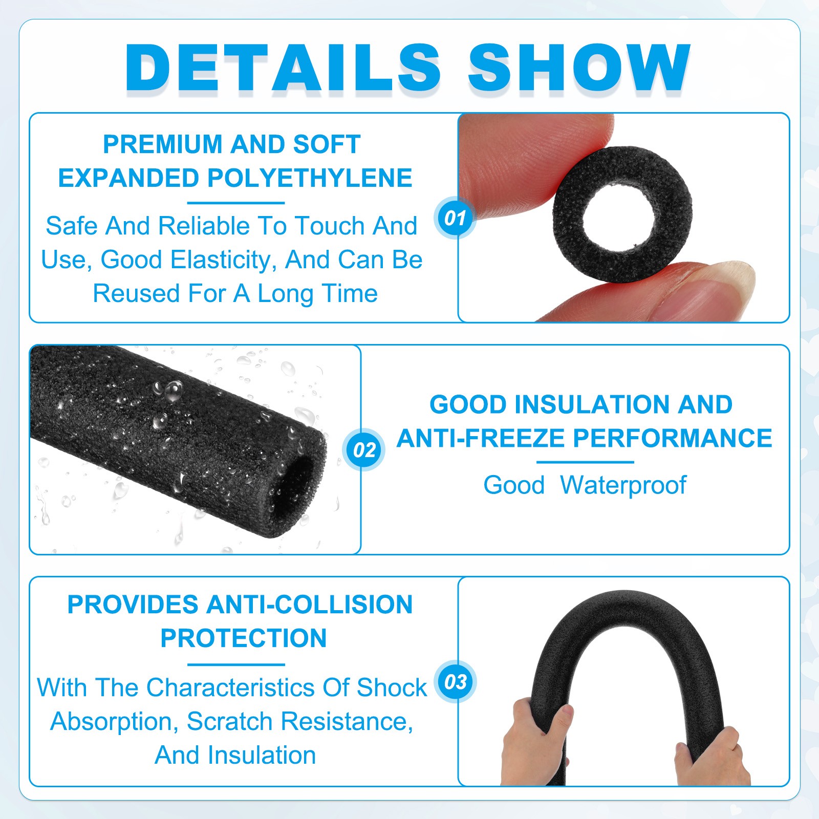 4Pack 3/8″IDx3.3FTx0.79″ Pipe Insulation Foam Tube Pool Noodles Black