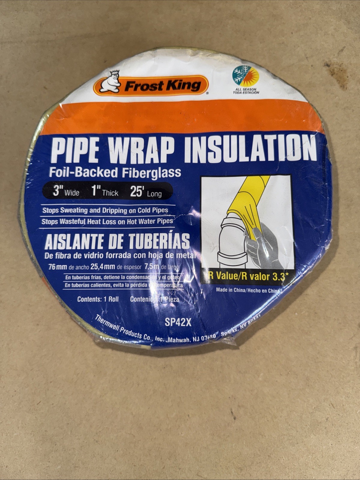 Frost King SP42X Pipe Wrap Insulation 3” x 25’ Foil Backed Fiberglass NEW