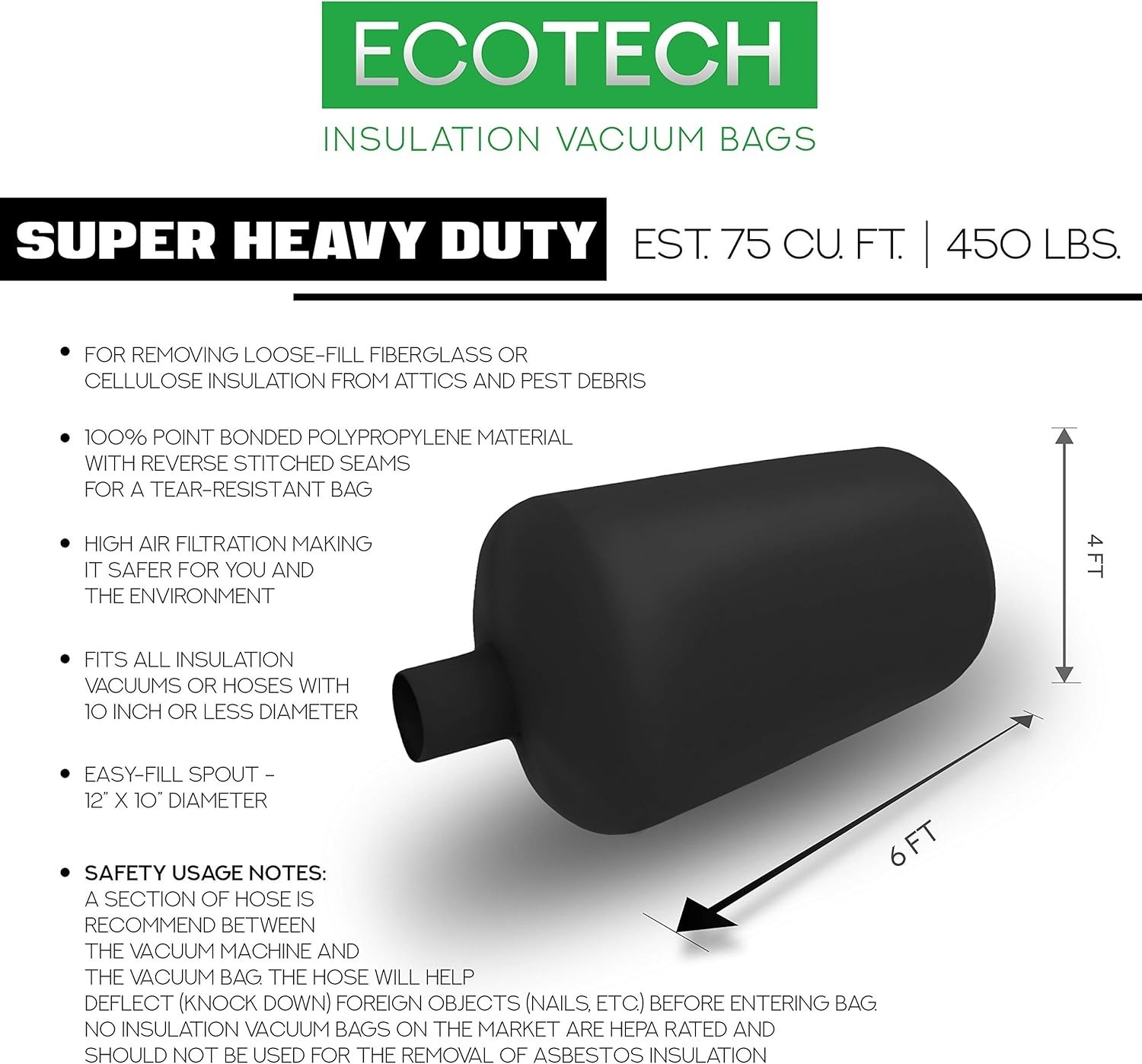 1- ECOTECH Insulation Removal Vacuum Bag Super Heavy Duty Tear-Proof 6 FT X 4 FT