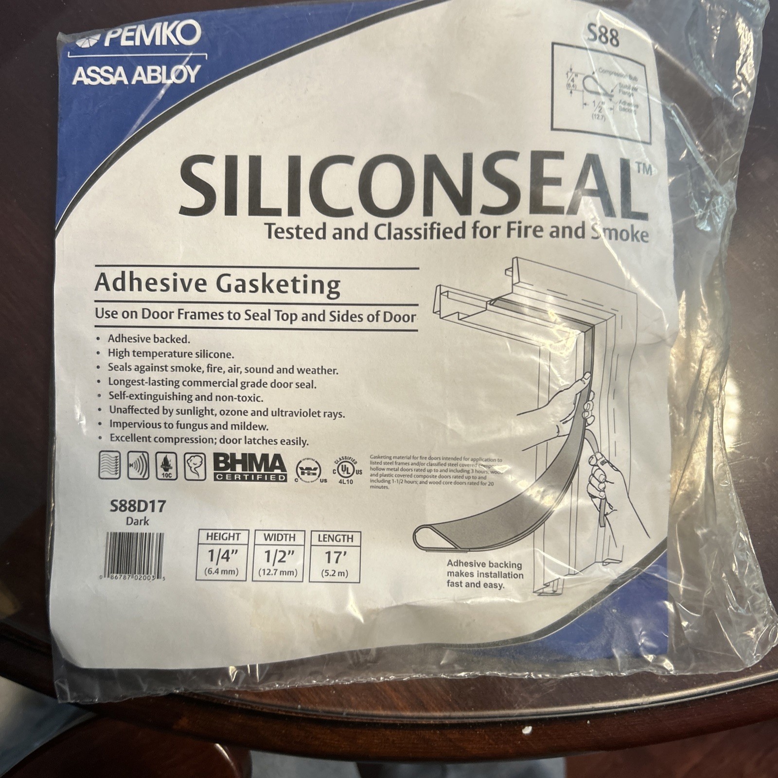 Pemko Siliconseal S88D17 17′ length 1/4 H 1/2 W Adhesive gasketing ASSA ABLOY
