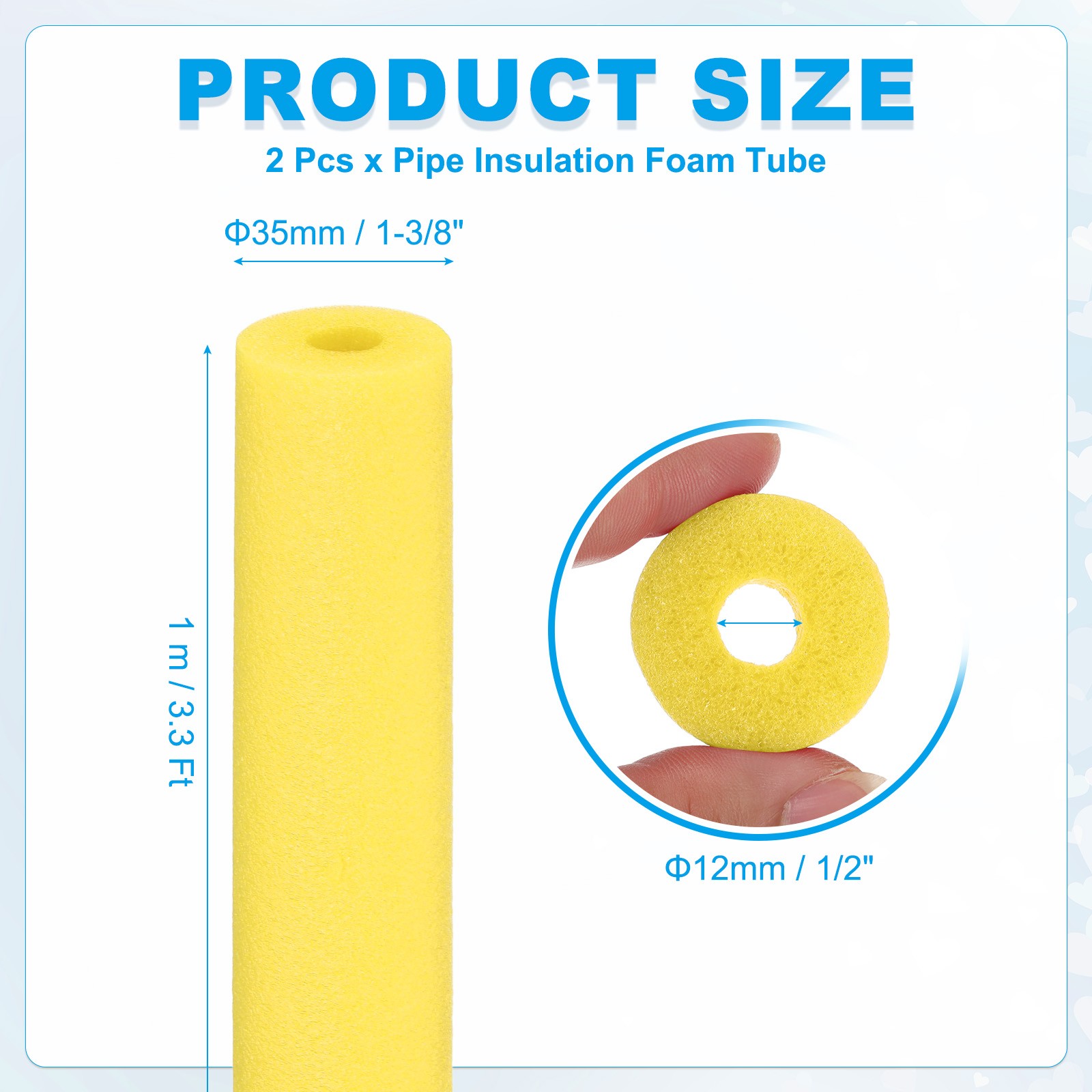 2Pcs 1/2″(12mm)IDx3.3FTx1.38″ Pipe Insulation Foam Tube Pool Noodles Yellow