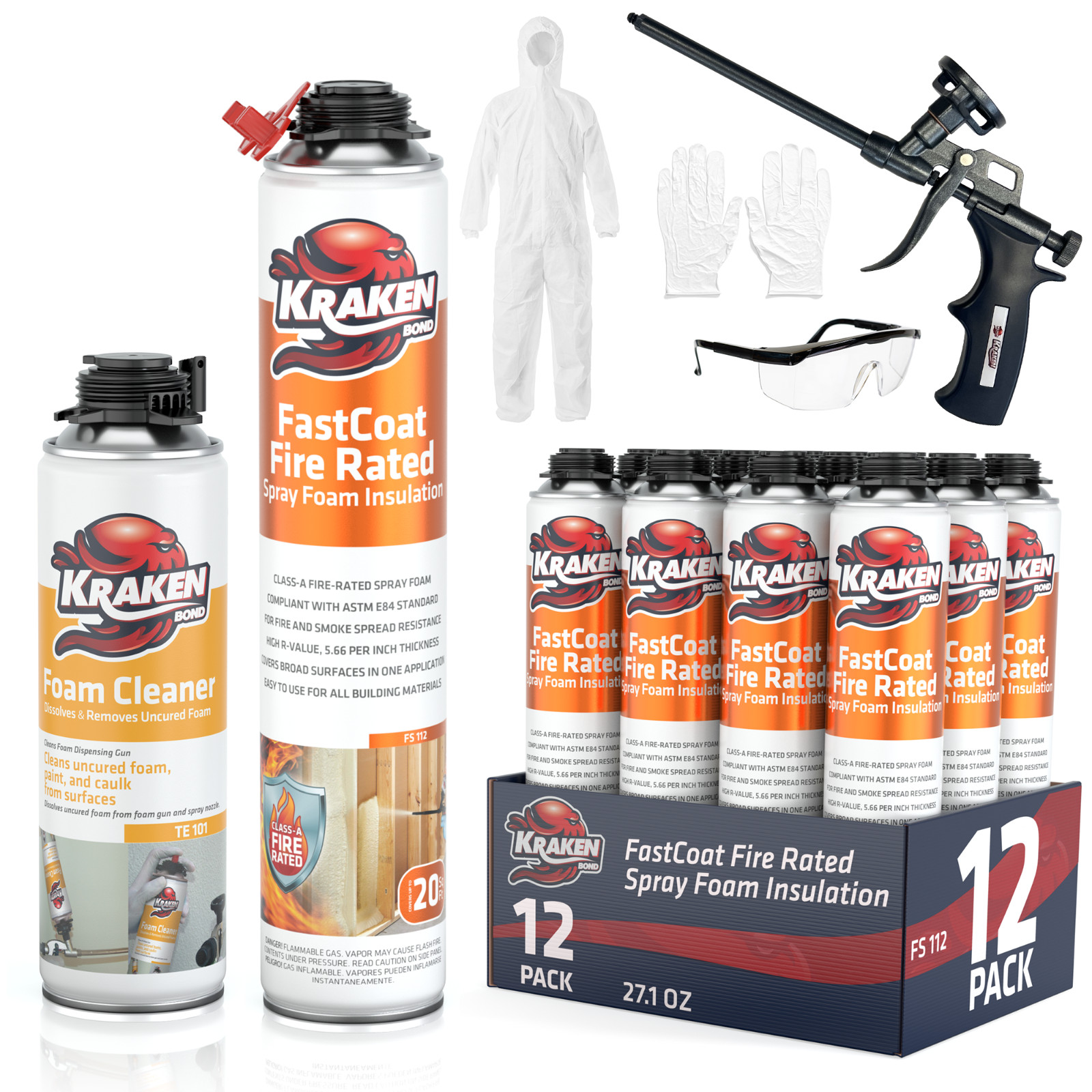 Kraken Bond FastCoat Spray Foam Insulation, Closed Cell 27.1 oz, 12 Pack Kit