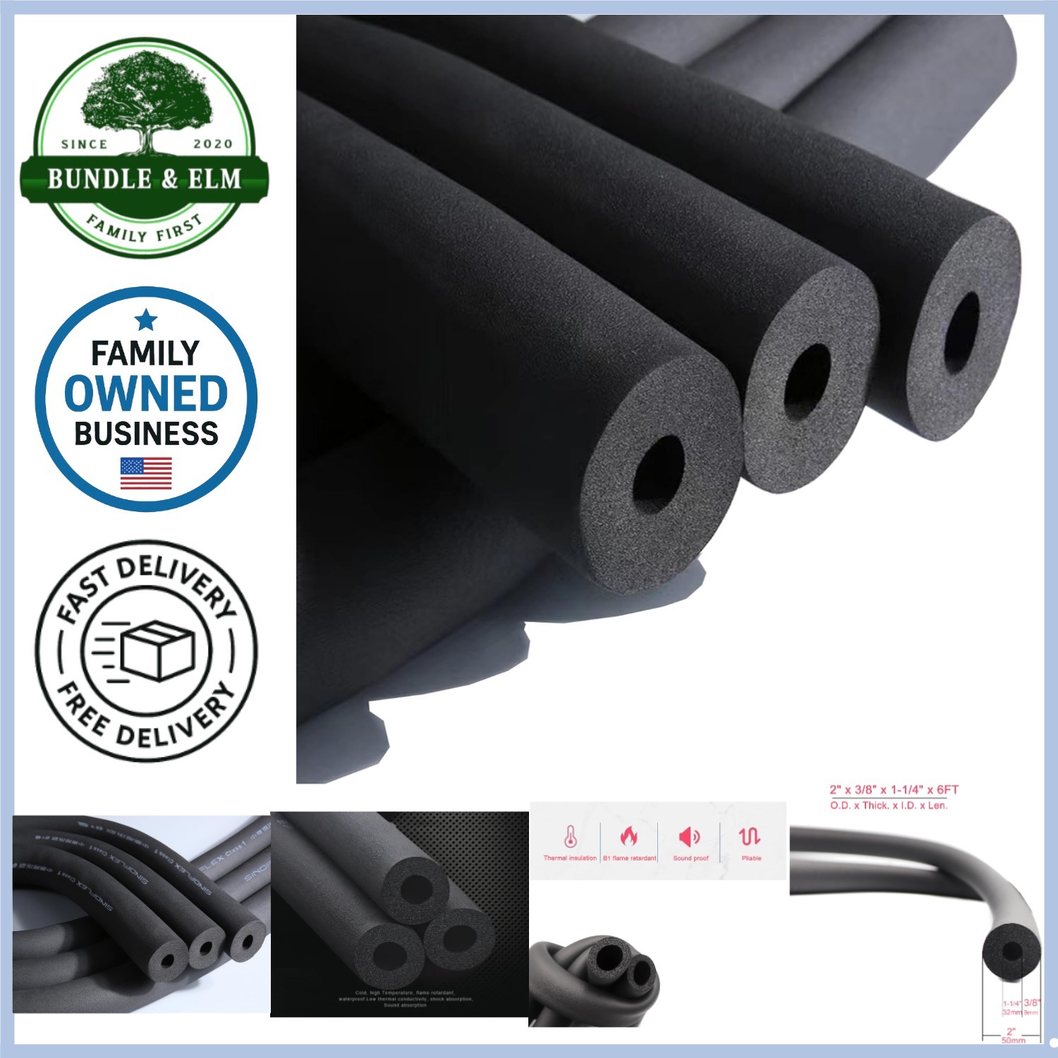 Rubber Foam Tubing 3/8×1-1/4in 6ft Insulation Protectors for AC Guards